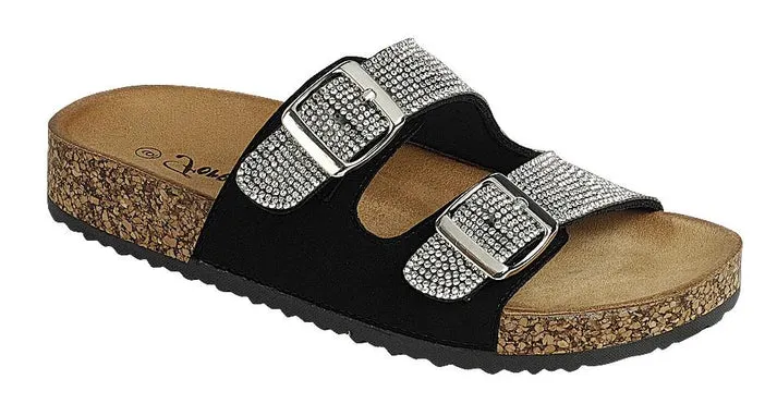 Berk Rhinestone Double Strap Sandals- Black