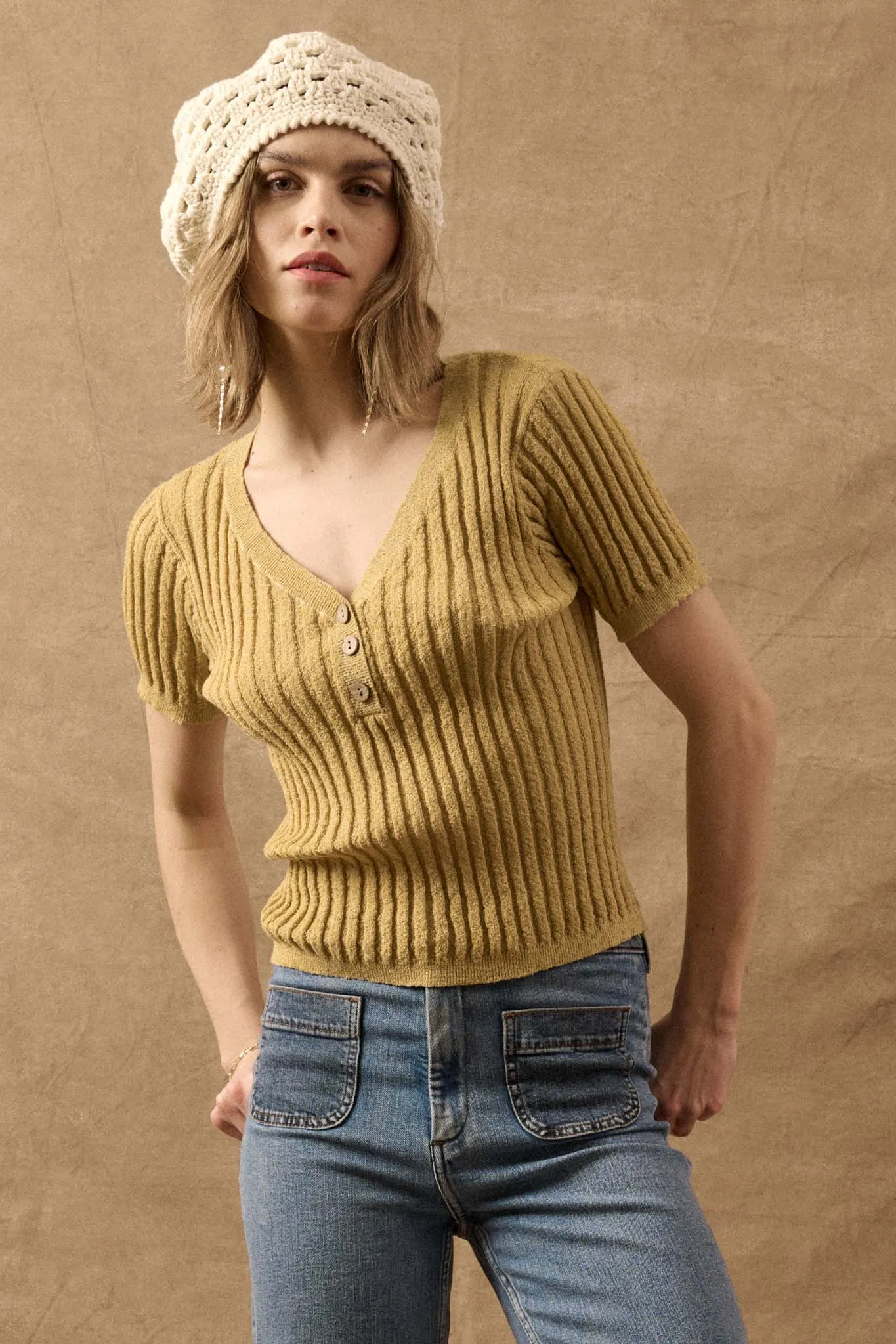 Better You Short-Sleeve Rib-Knit Henley Top