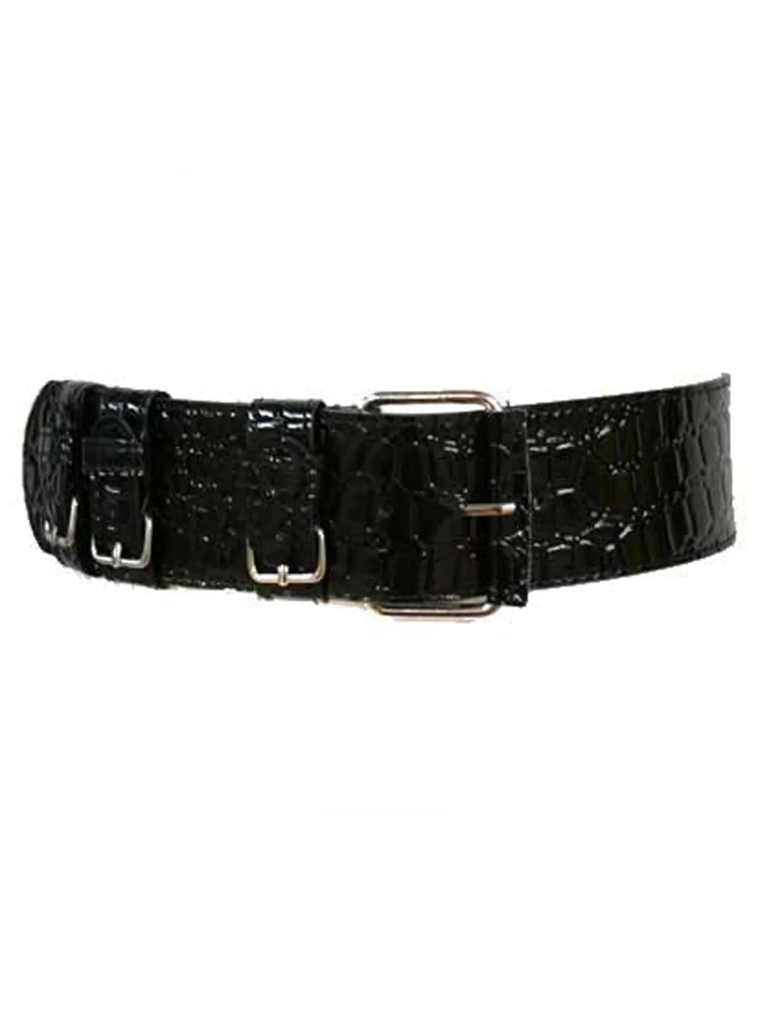 Black Crocodile Textured Belt With Faux Buckle Detail