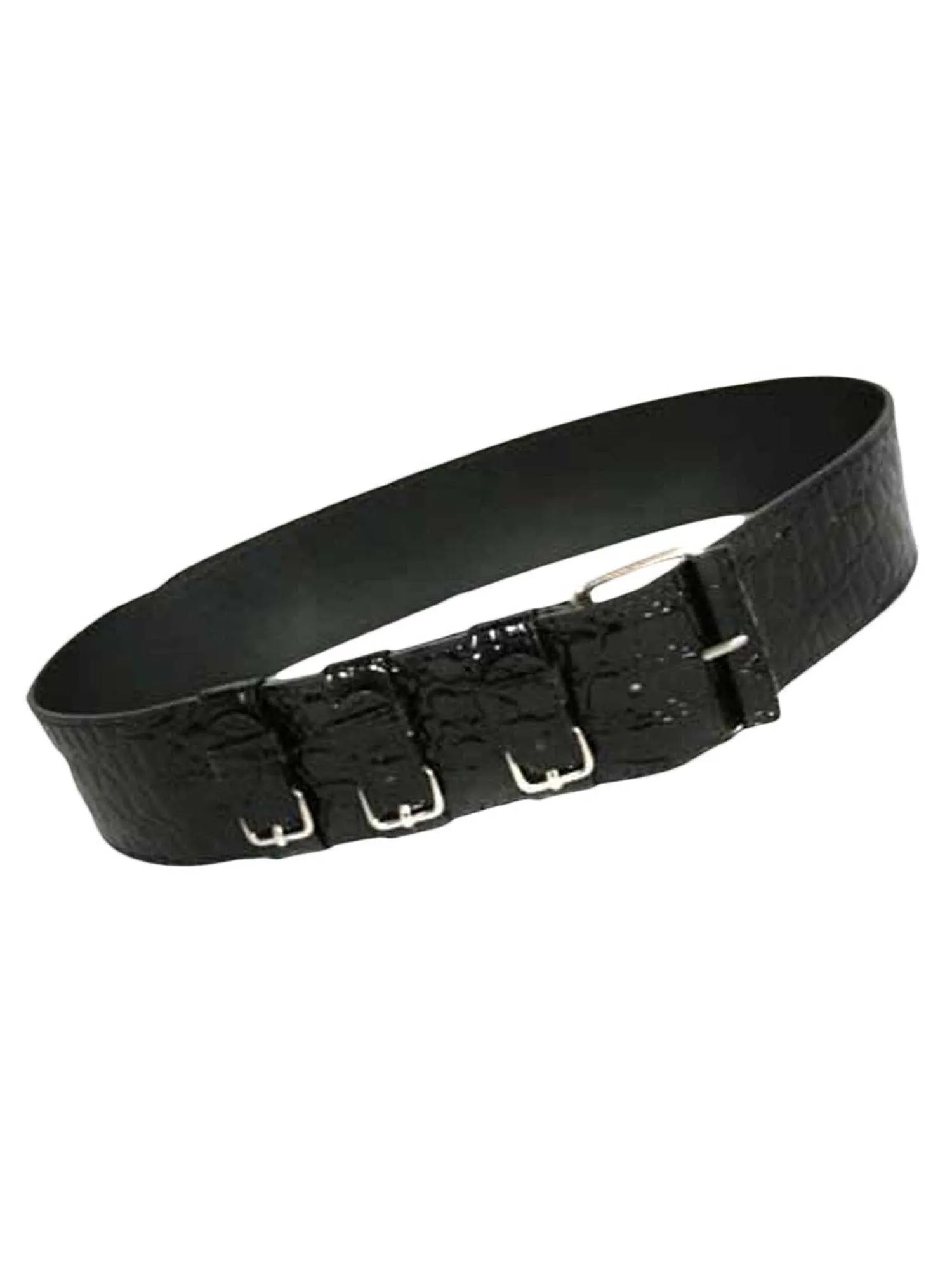 Black Crocodile Textured Belt With Faux Buckle Detail