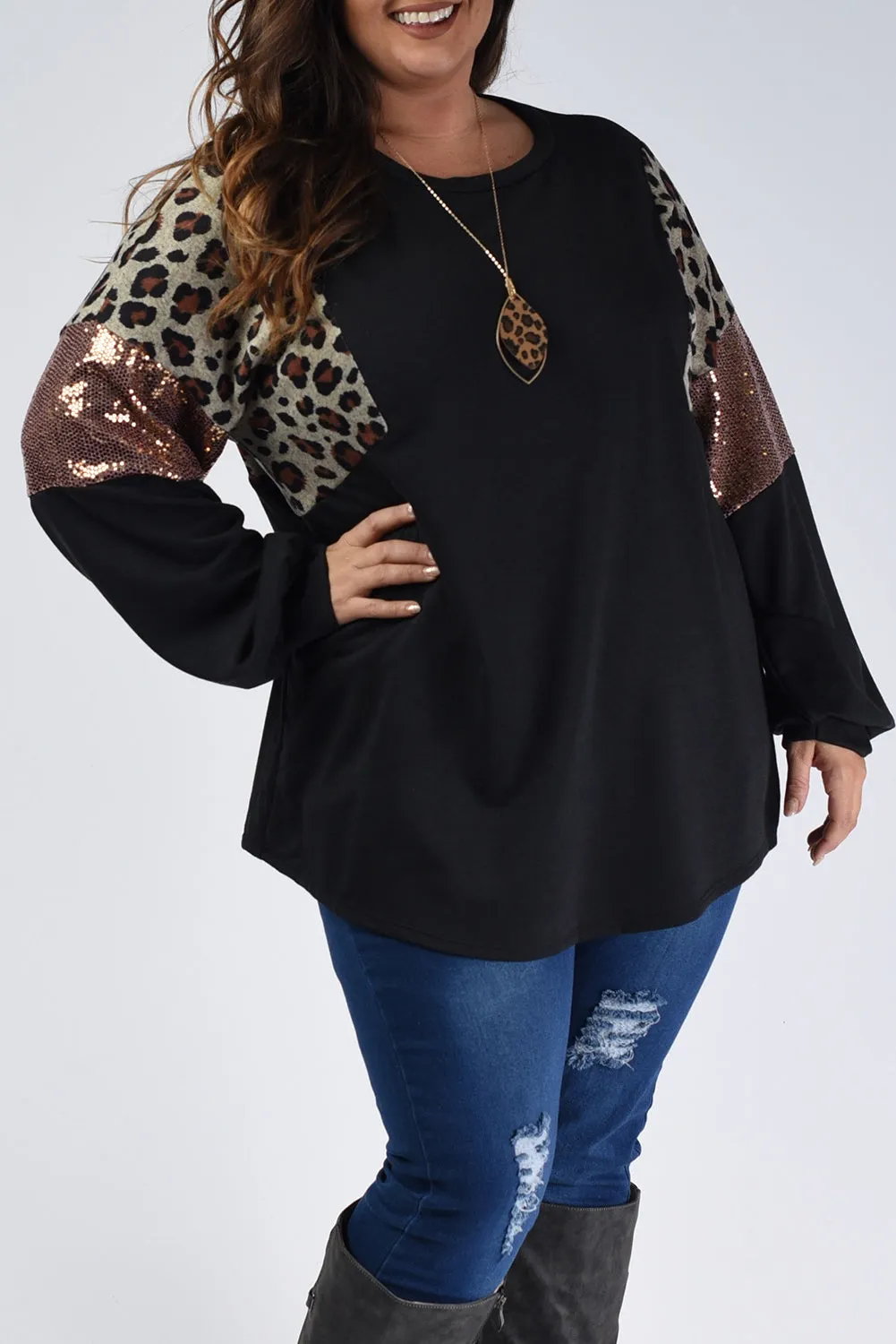 Black Plus Size Leopard Sequin Patchwork Long Sleeve Top