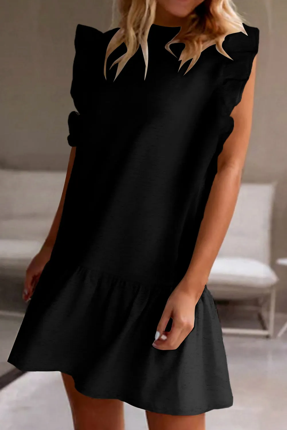 Black Solid Color Ruffle Hem Mini Sweatshirt Dress