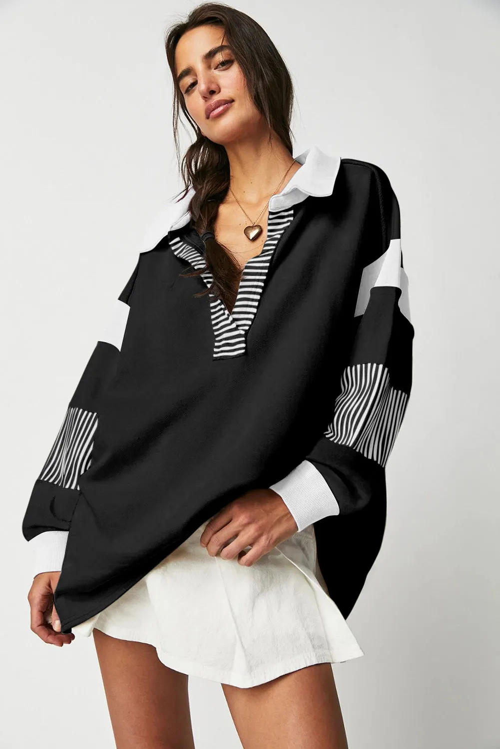 Black Striped Colorblock Patchwork Collar Sweatshirt