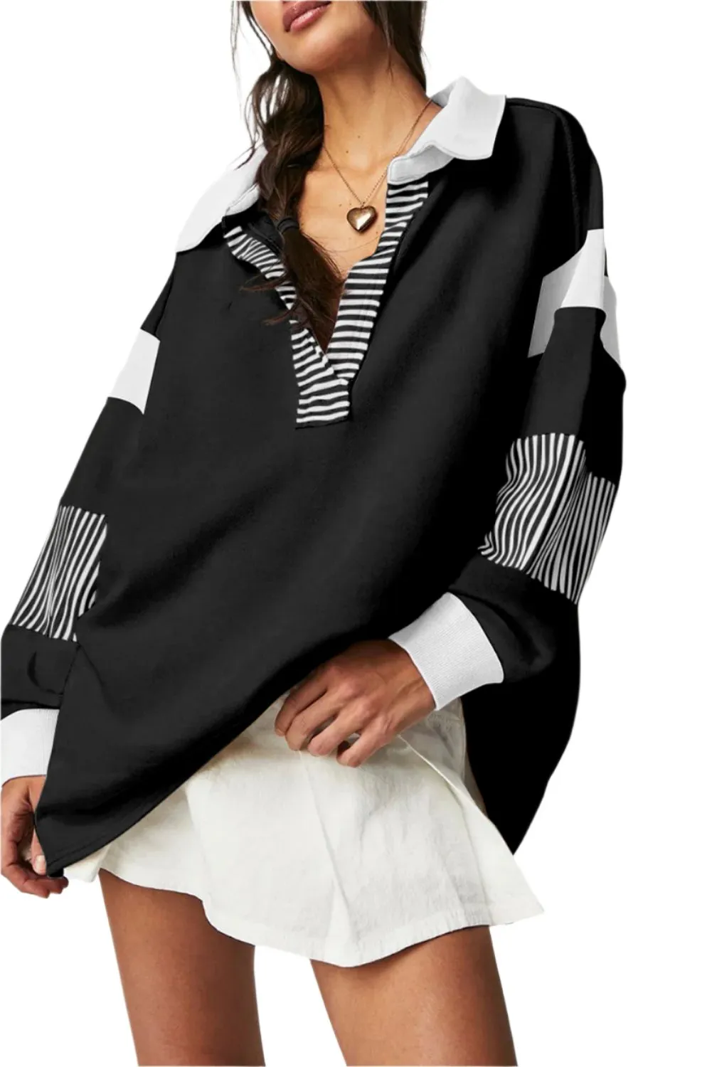 Black Striped Colorblock Patchwork Collar Sweatshirt