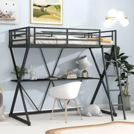 Black Twin Loft Bed with Desk, Ladder, Full-Length Guardrails, X-Shaped Frame