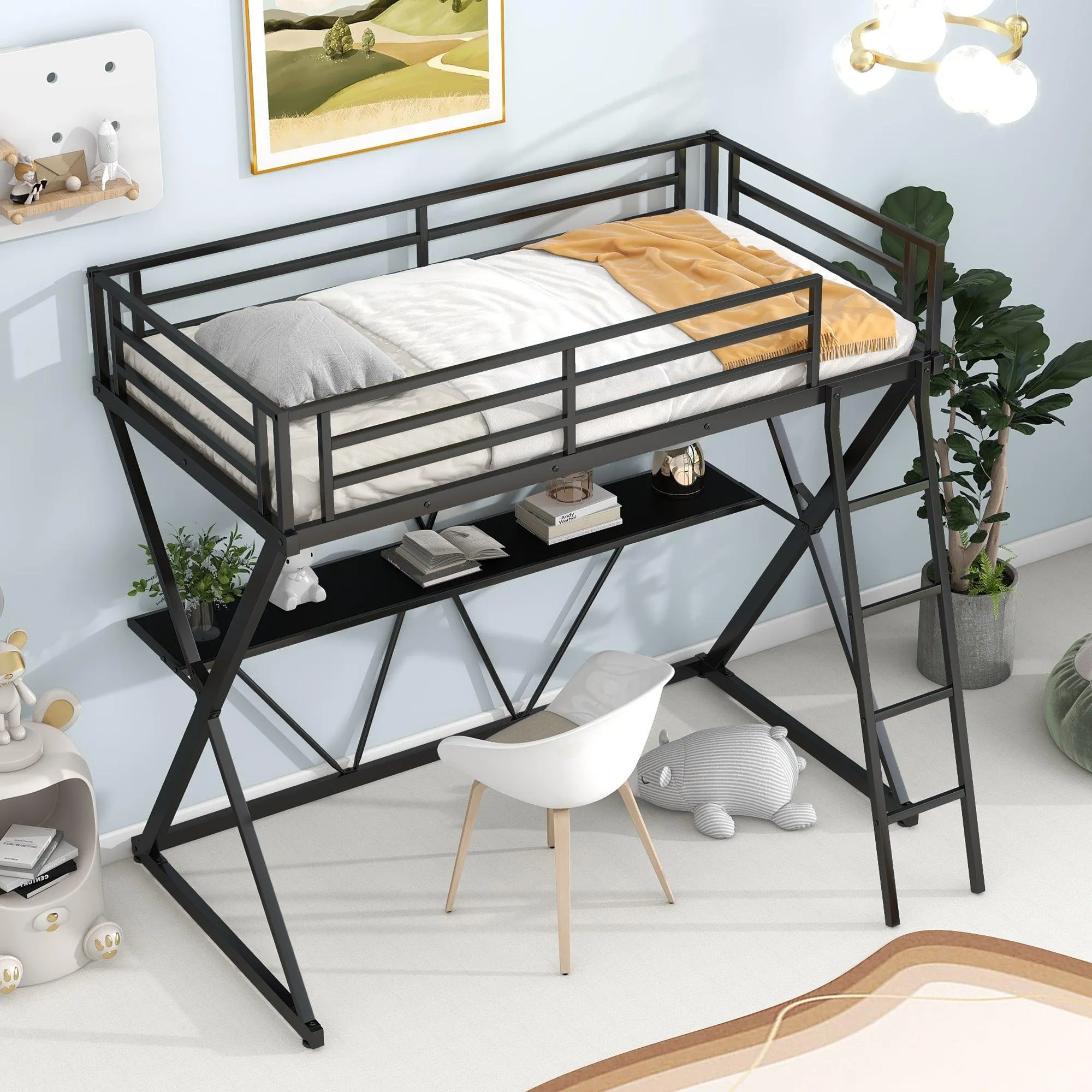 Black Twin Loft Bed with Desk, Ladder, Full-Length Guardrails, X-Shaped Frame