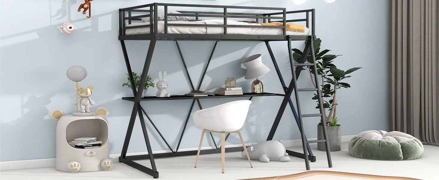 Black Twin Loft Bed with Desk, Ladder, Full-Length Guardrails, X-Shaped Frame