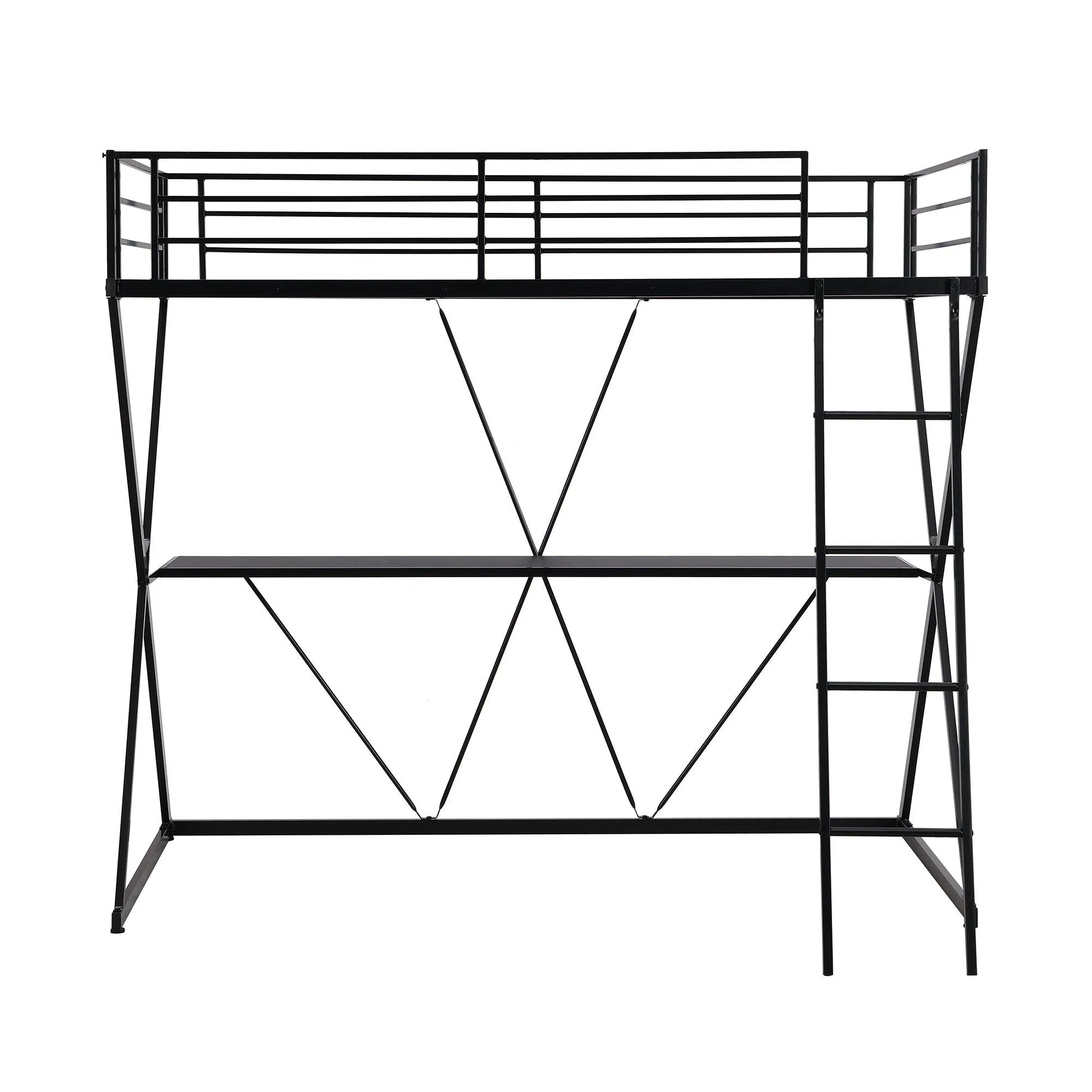 Black Twin Loft Bed with Desk, Ladder, Full-Length Guardrails, X-Shaped Frame