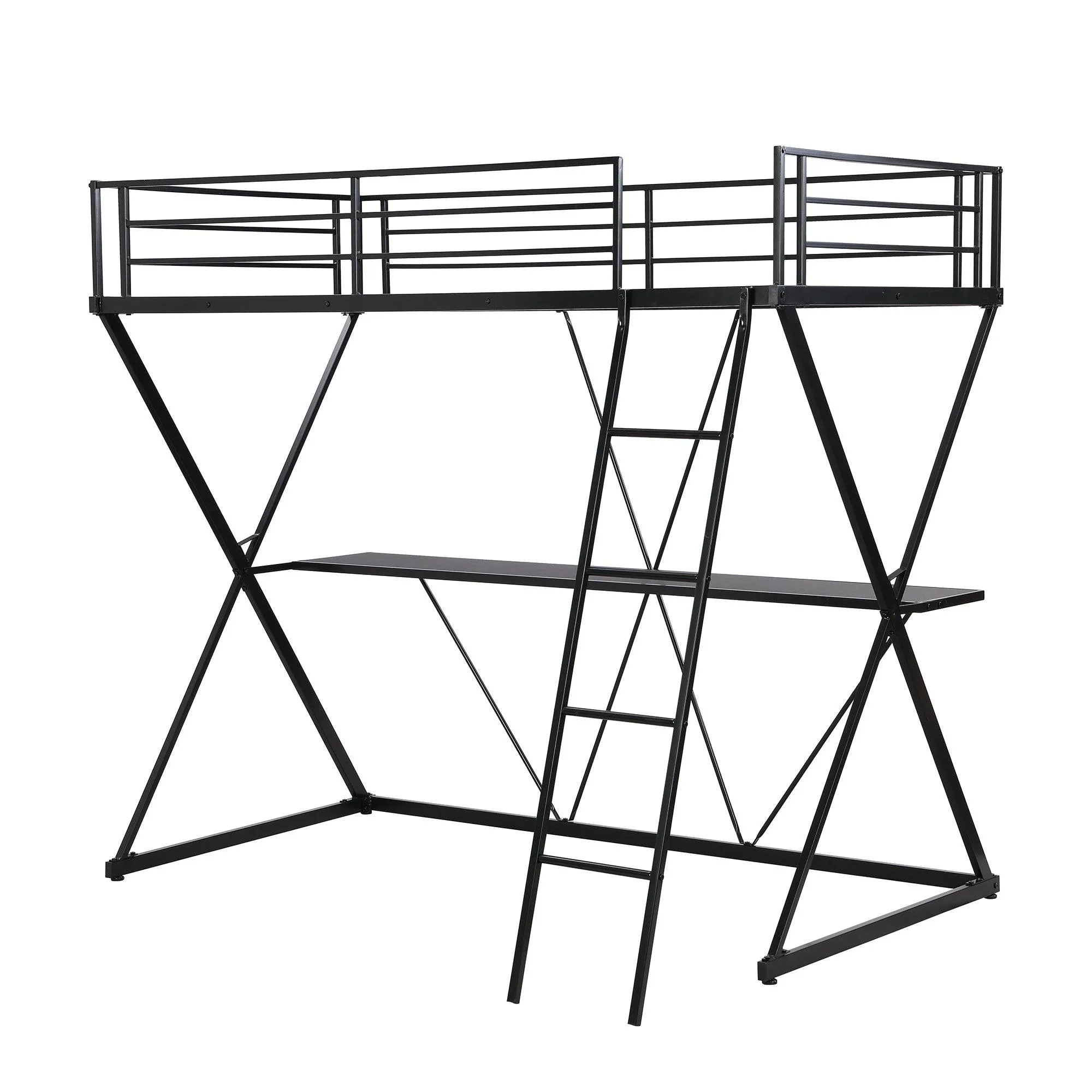 Black Twin Loft Bed with Desk, Ladder, Full-Length Guardrails, X-Shaped Frame