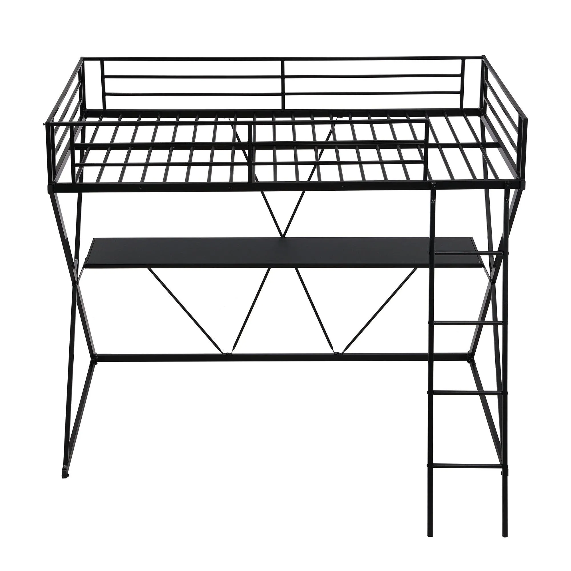 Black Twin Loft Bed with Desk, Ladder, Full-Length Guardrails, X-Shaped Frame