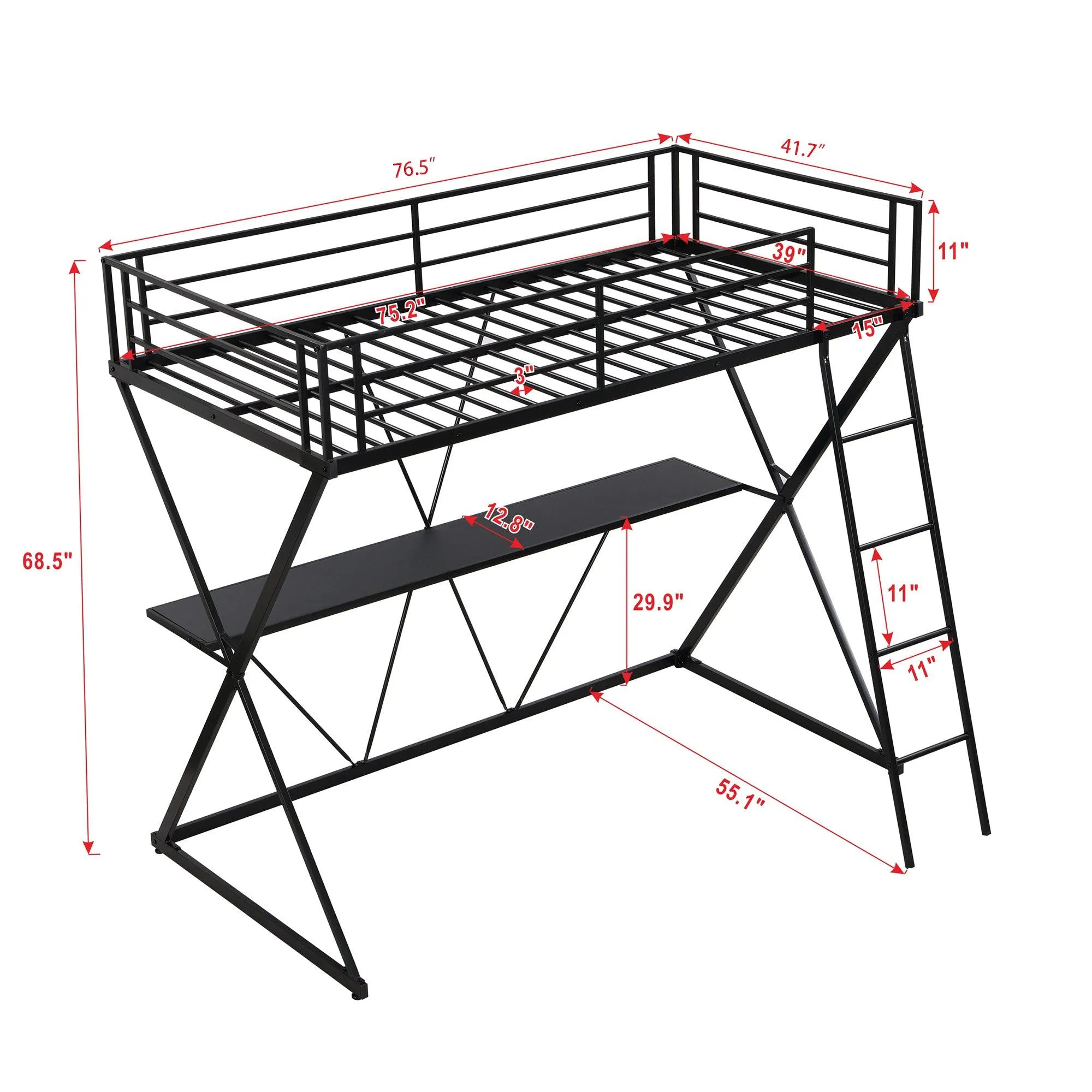 Black Twin Loft Bed with Desk, Ladder, Full-Length Guardrails, X-Shaped Frame