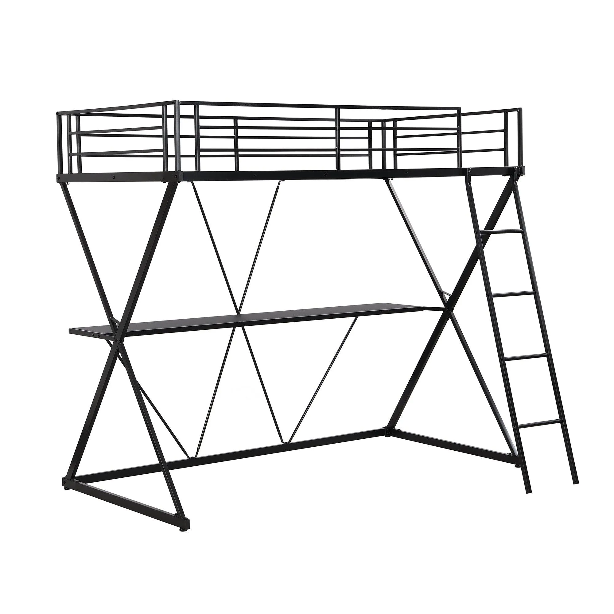 Black Twin Loft Bed with Desk, Ladder, Full-Length Guardrails, X-Shaped Frame