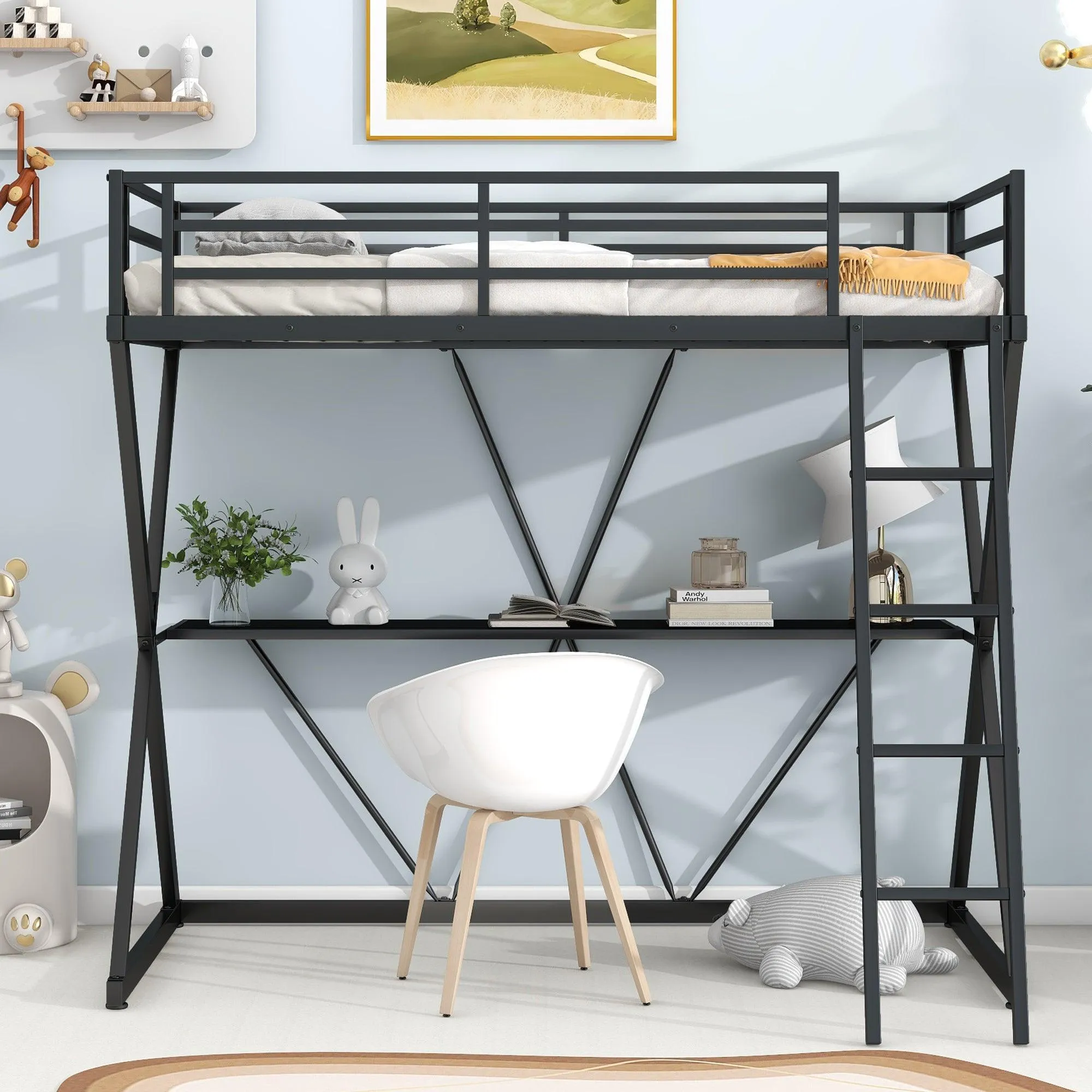 Black Twin Loft Bed with Desk, Ladder, Full-Length Guardrails, X-Shaped Frame