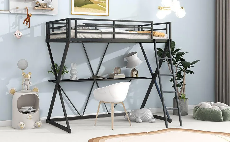 Black Twin Loft Bed with Desk, Ladder, Full-Length Guardrails, X-Shaped Frame