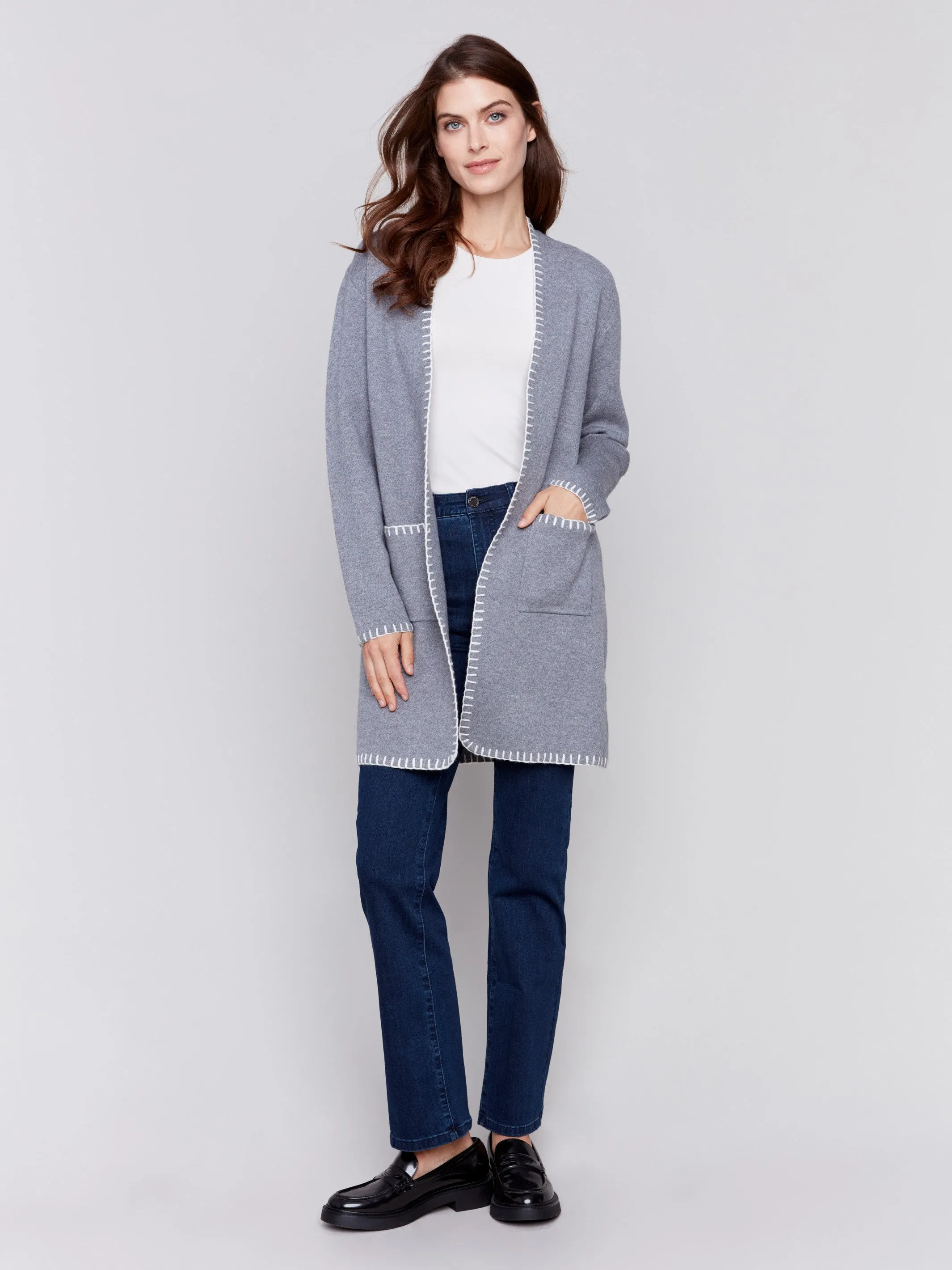 Blanket Stitch Long Cardigan - Grey