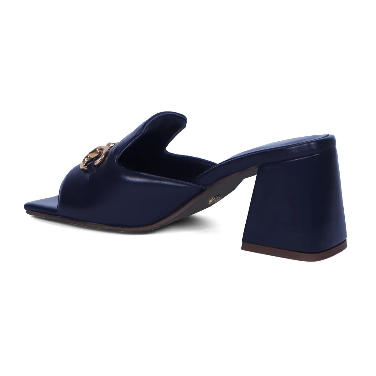 Blocked Heel Ladies Sandal In Navy Blue Leather