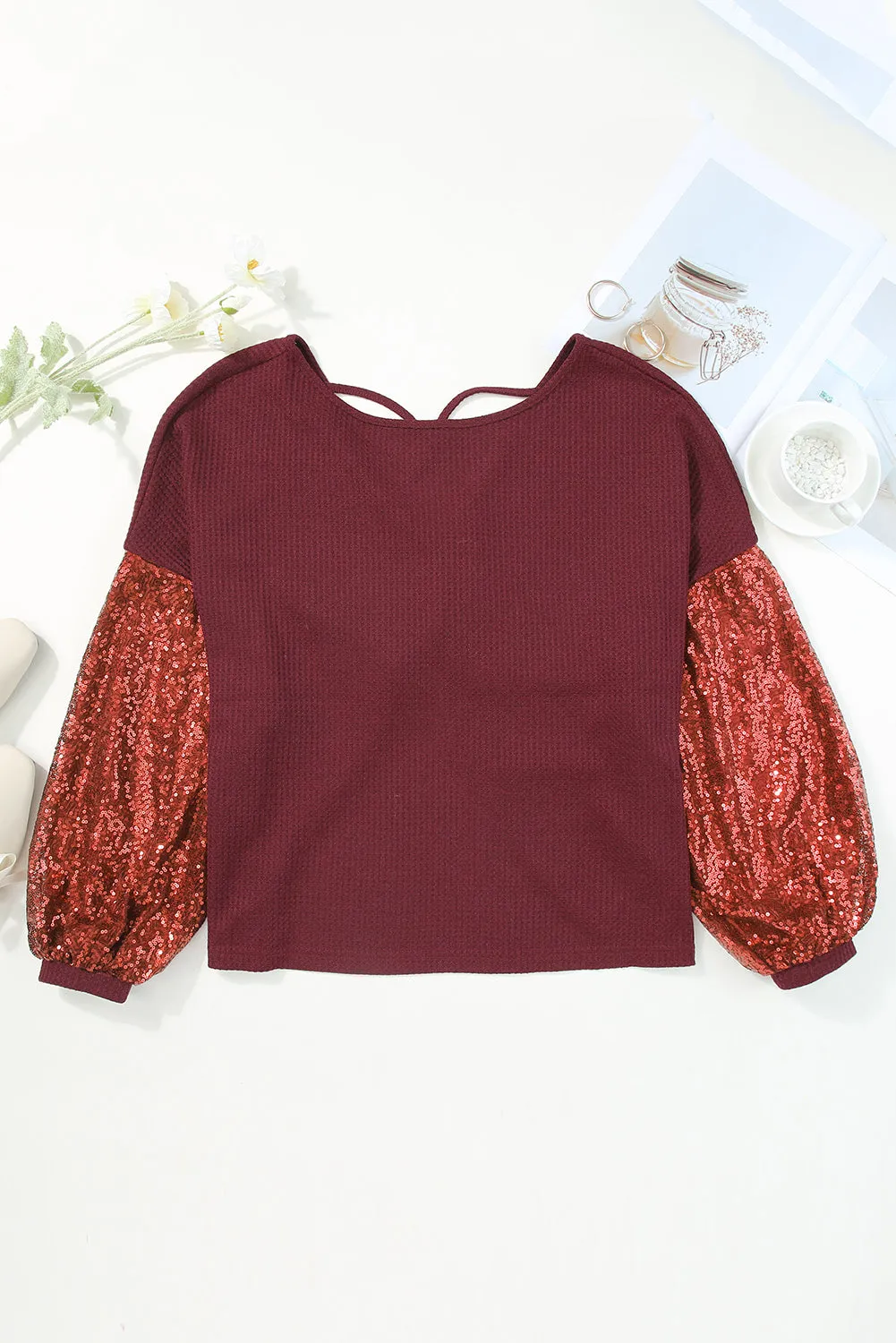 Burgundy Sequin Patchwork Sleeve Open Back Waffle Knit Top