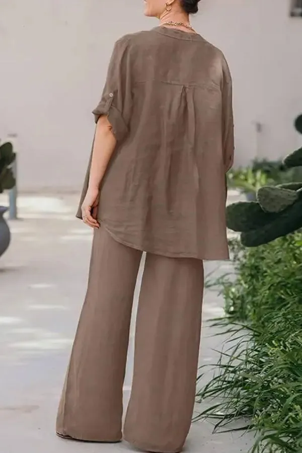 Casual Loose Solid Color Shirt Pants Set