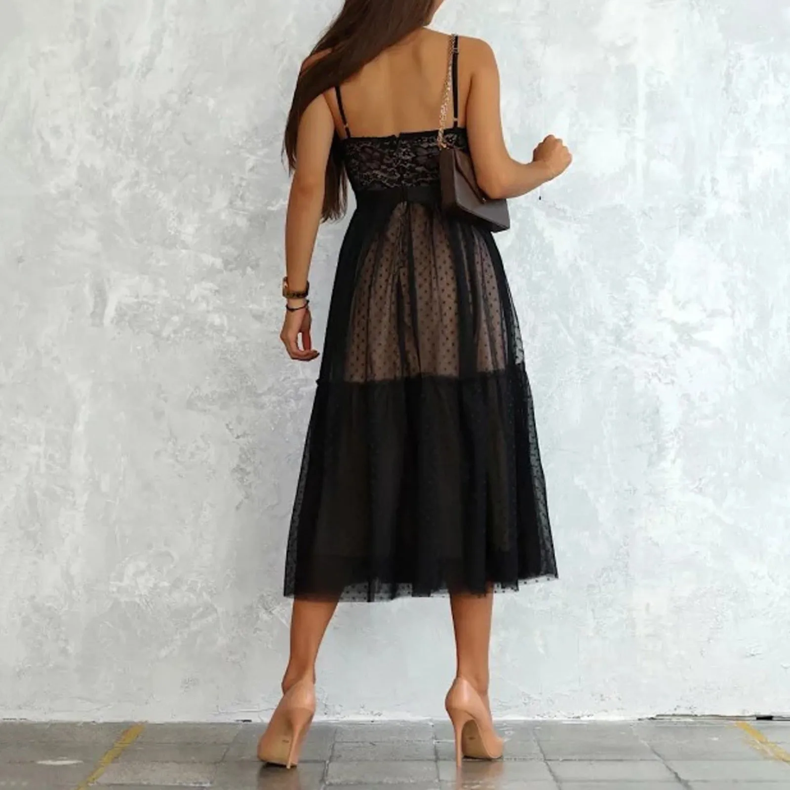 Casual Sleeveless Lace Patchwork V-Neck Midi Dress