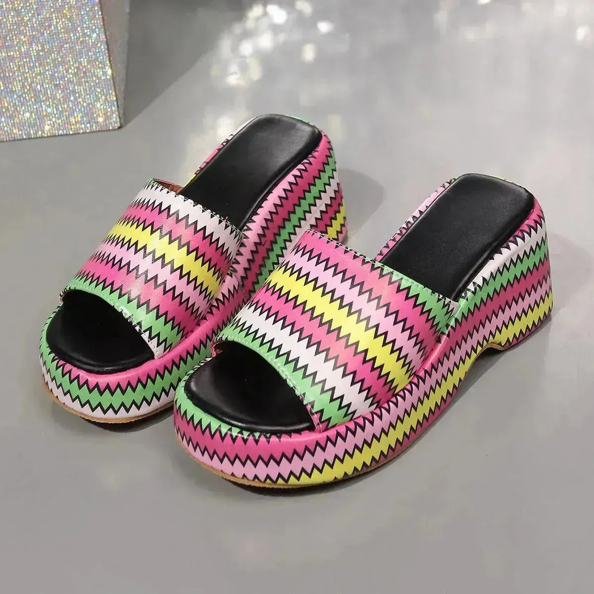 Casual Summer Fashionable Colorful Wave Print Thick Wedge Heel Women Slippers