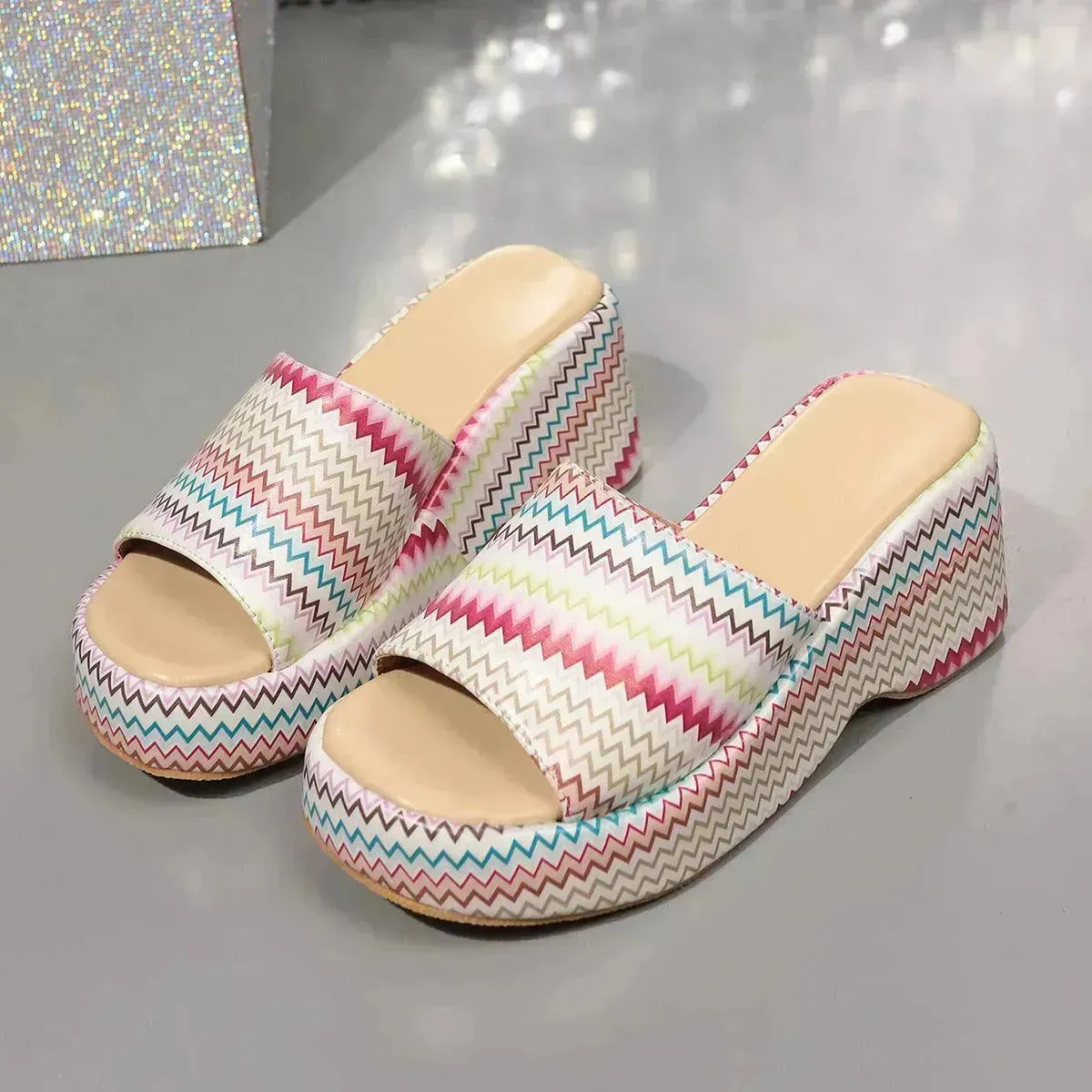 Casual Summer Fashionable Colorful Wave Print Thick Wedge Heel Women Slippers