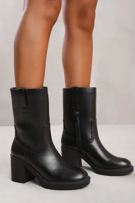 CHERISH MID CALF BOOT WITH SIDE ZIP IN BLACK FAUX LEATHER