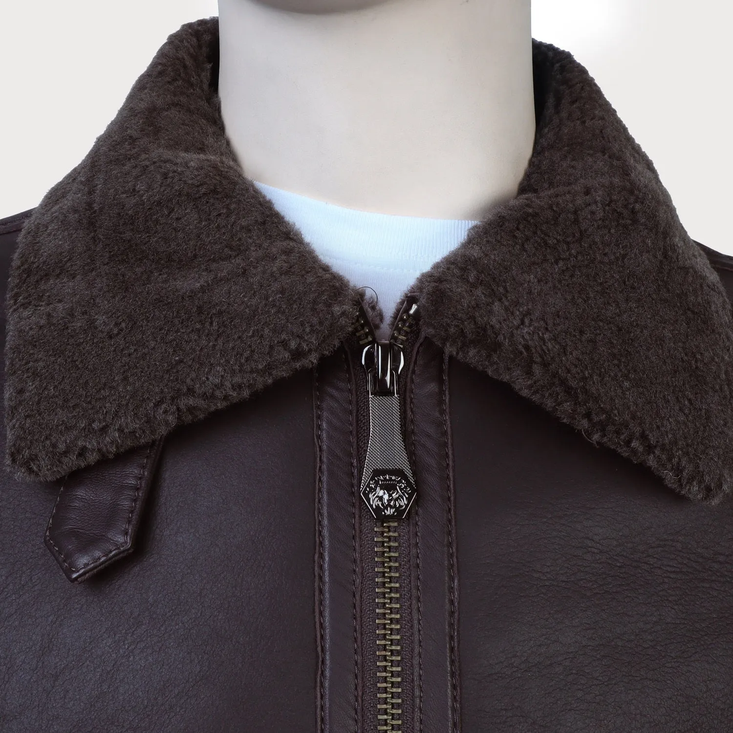 Classic Shearling Dark Brown Leather Contrasting Woven Collar Jacket with Metal Lion Logo by Brune & Bareskin