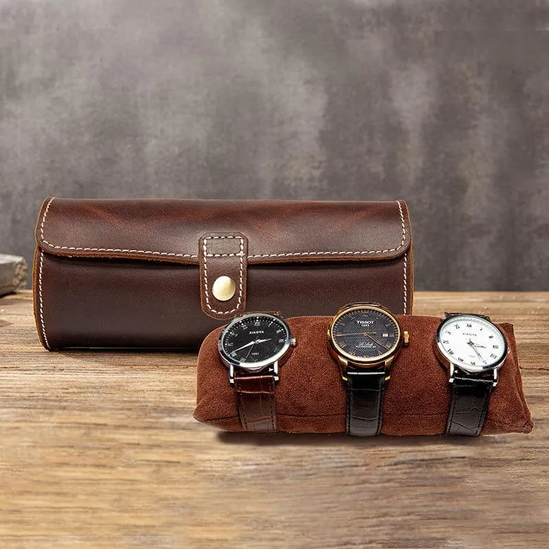 Clement Handstitched Leather Watch Roll Portable Case 2-3 Slots