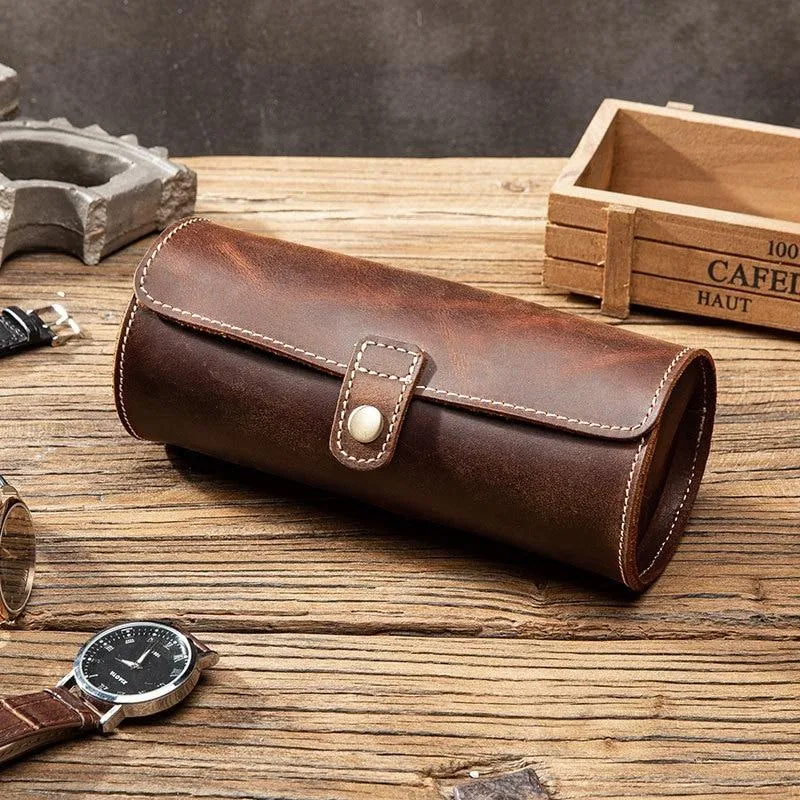 Clement Handstitched Leather Watch Roll Portable Case 2-3 Slots