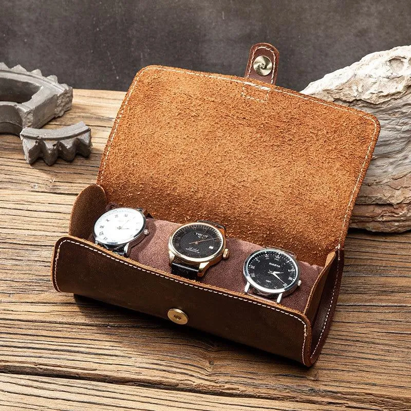 Clement Handstitched Leather Watch Roll Portable Case 2-3 Slots