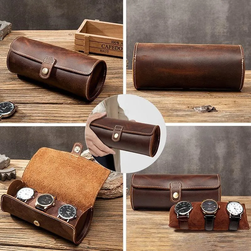 Clement Handstitched Leather Watch Roll Portable Case 2-3 Slots