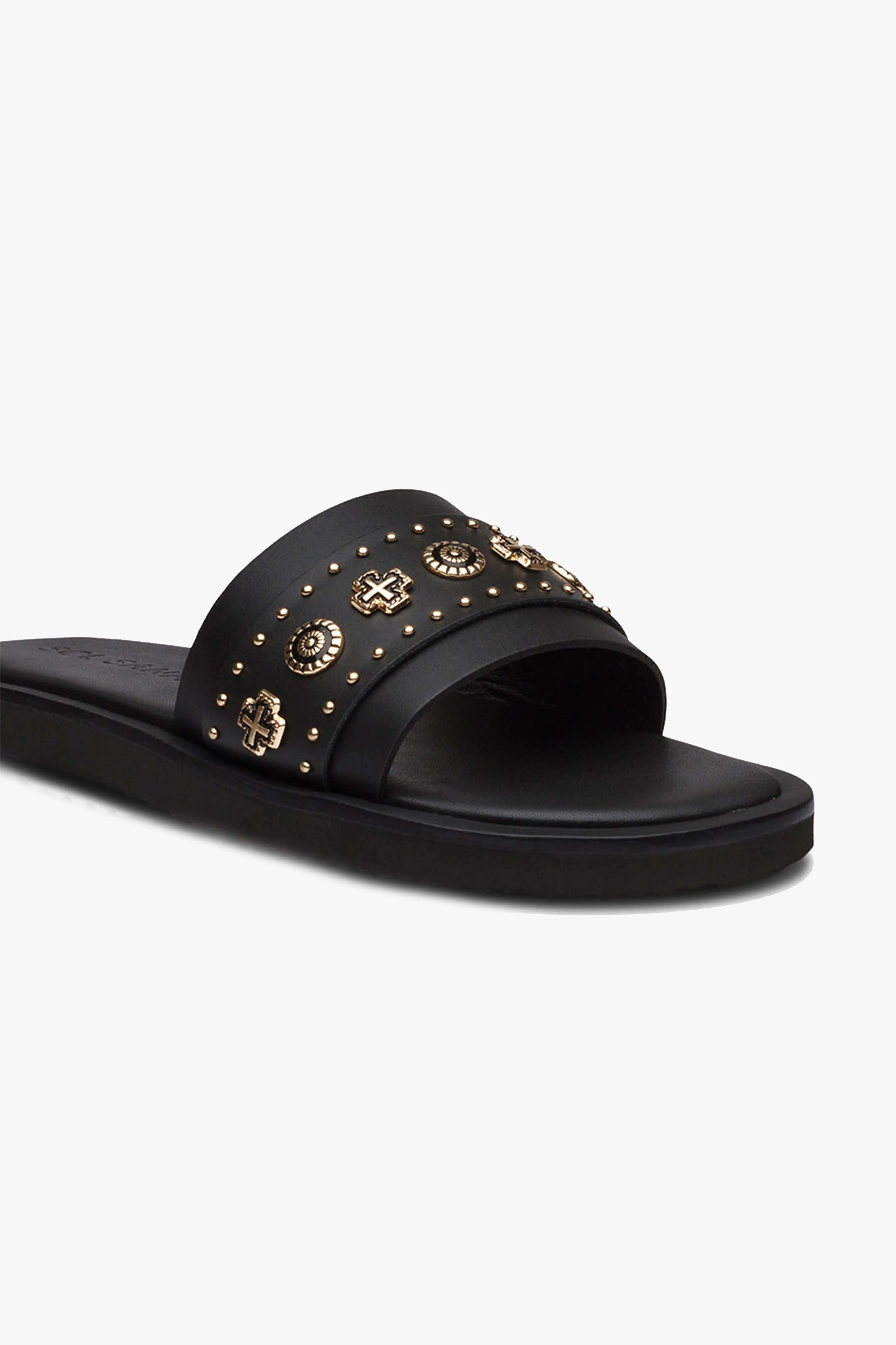 Cleo Black Leather Slide with Gold Charms