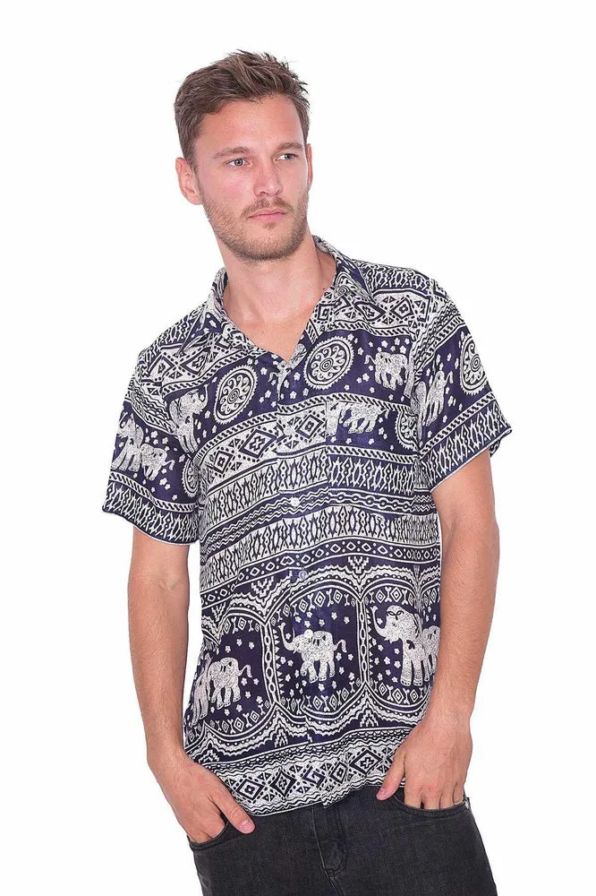 DARK BLUE Elephant Printed Aloha Short Sleeve