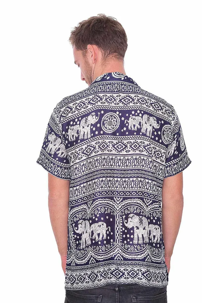 DARK BLUE Elephant Printed Aloha Short Sleeve