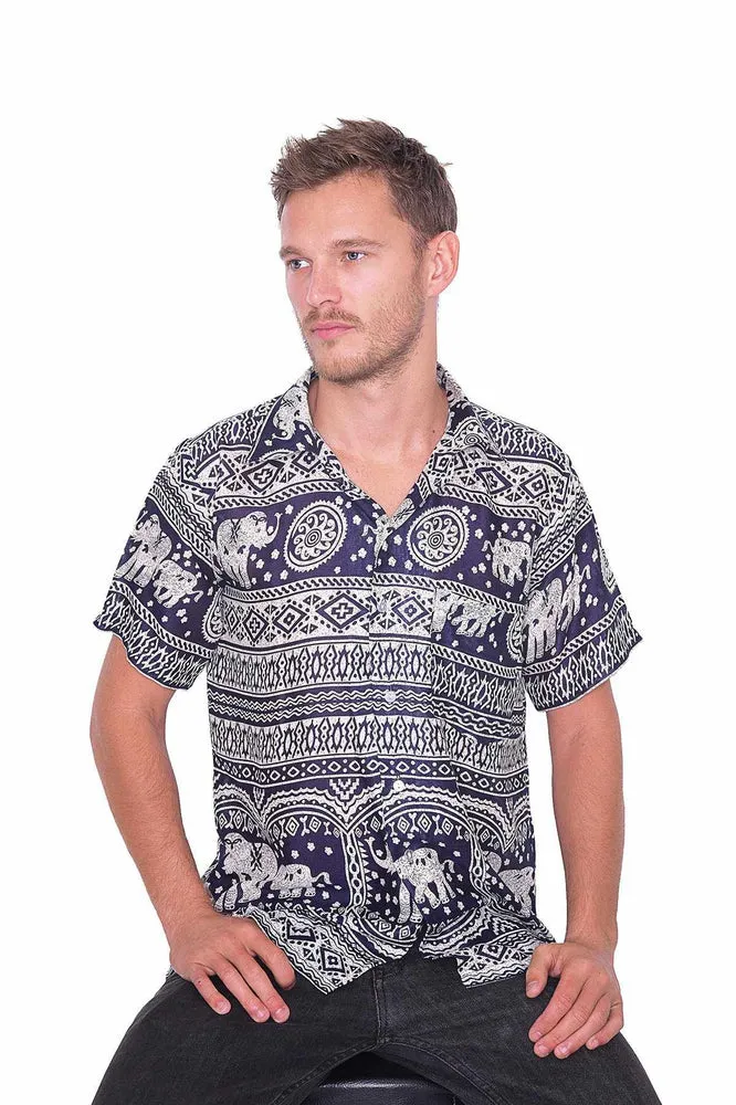 DARK BLUE Elephant Printed Aloha Short Sleeve