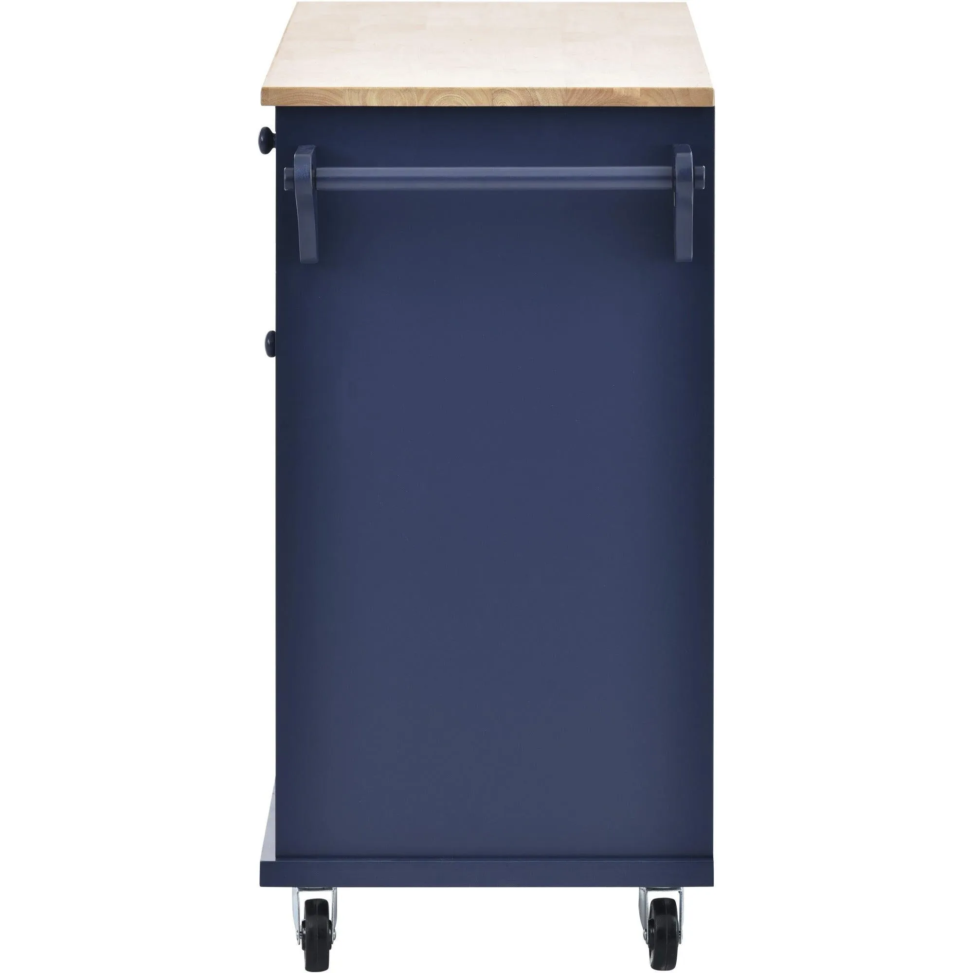 Dark Blue Kitchen Island Cart: Wood Top, Storage, Microwave Shelf