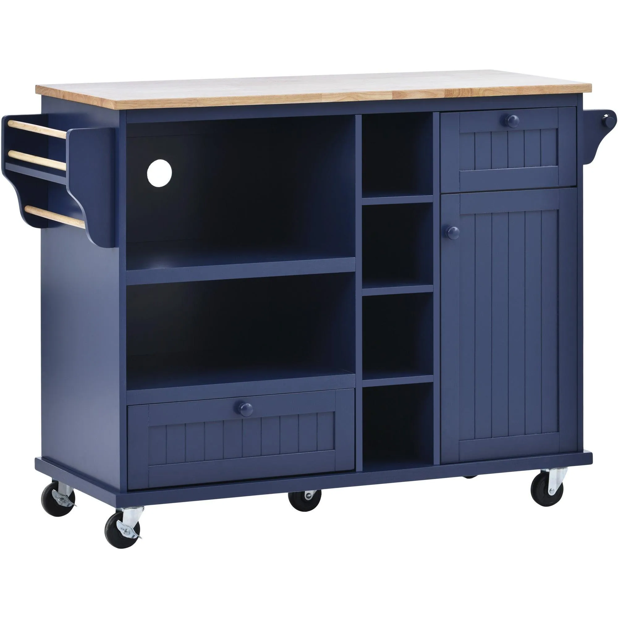 Dark Blue Kitchen Island Cart: Wood Top, Storage, Microwave Shelf