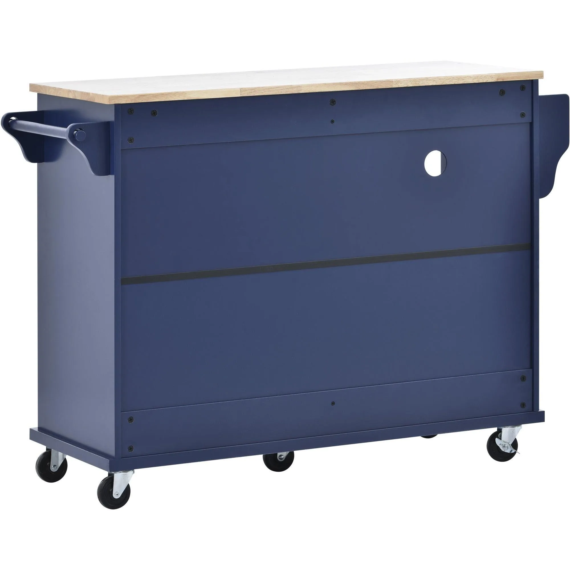 Dark Blue Kitchen Island Cart: Wood Top, Storage, Microwave Shelf