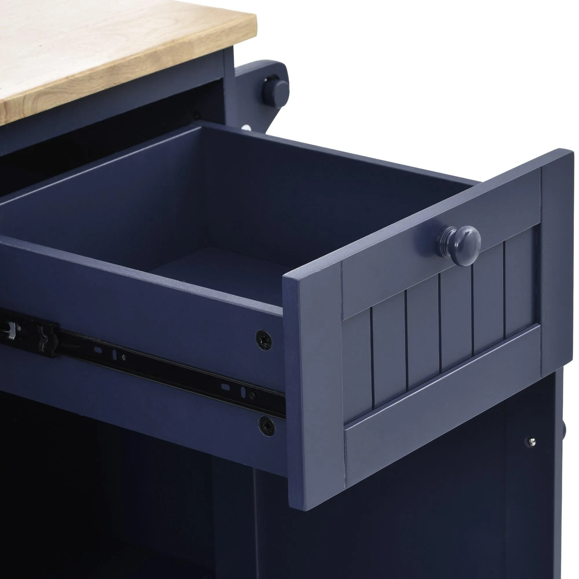 Dark Blue Kitchen Island Cart: Wood Top, Storage, Microwave Shelf