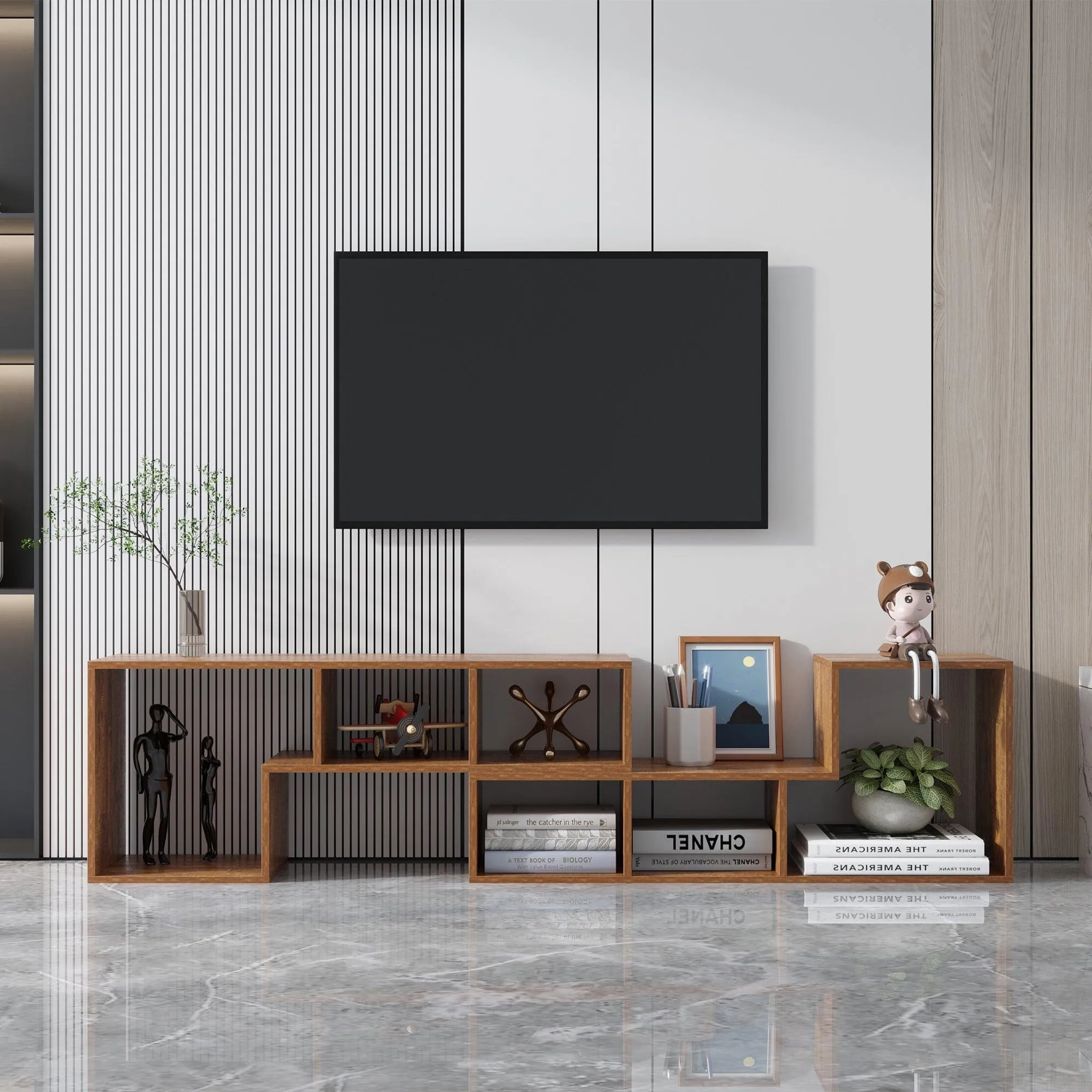 Double L-Shaped TV Stand, Display Shelf, Bookcase for Home, Walnut