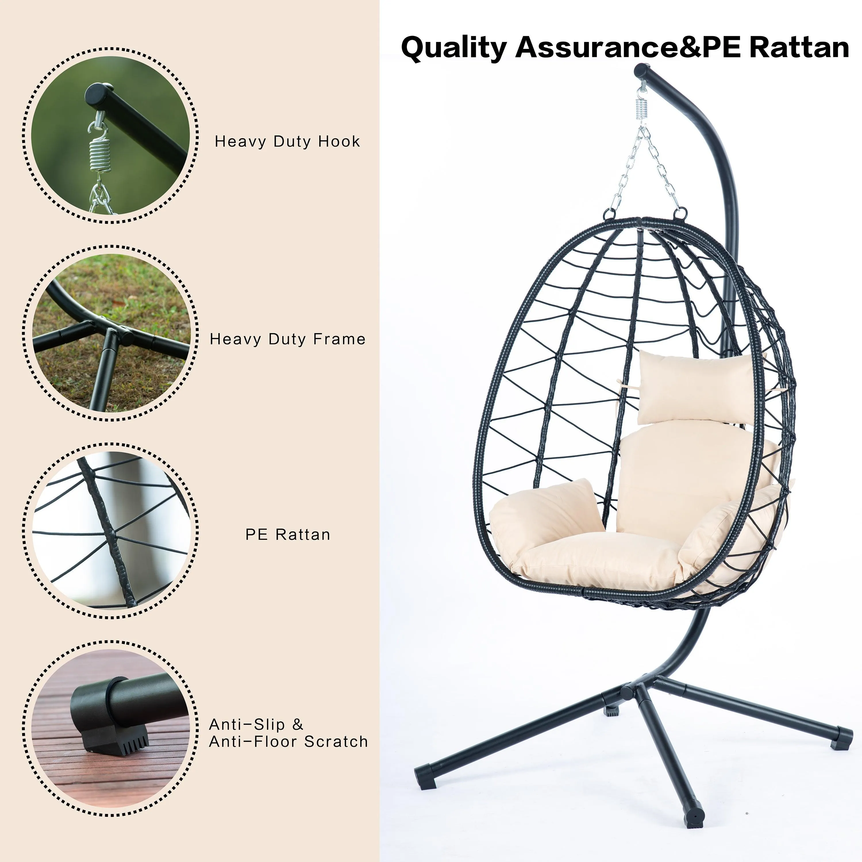 Egg Chair with Stand, Wicker Hanging Basket Hammock for Indoor/Outdoor Use