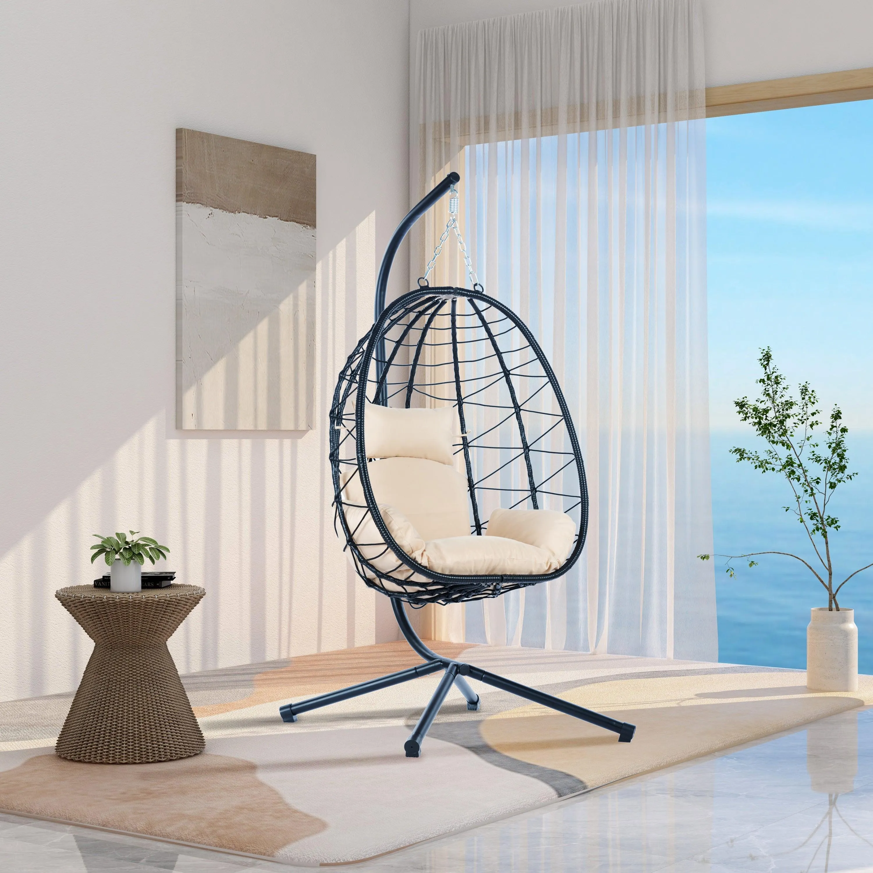 Egg Chair with Stand, Wicker Hanging Basket Hammock for Indoor/Outdoor Use