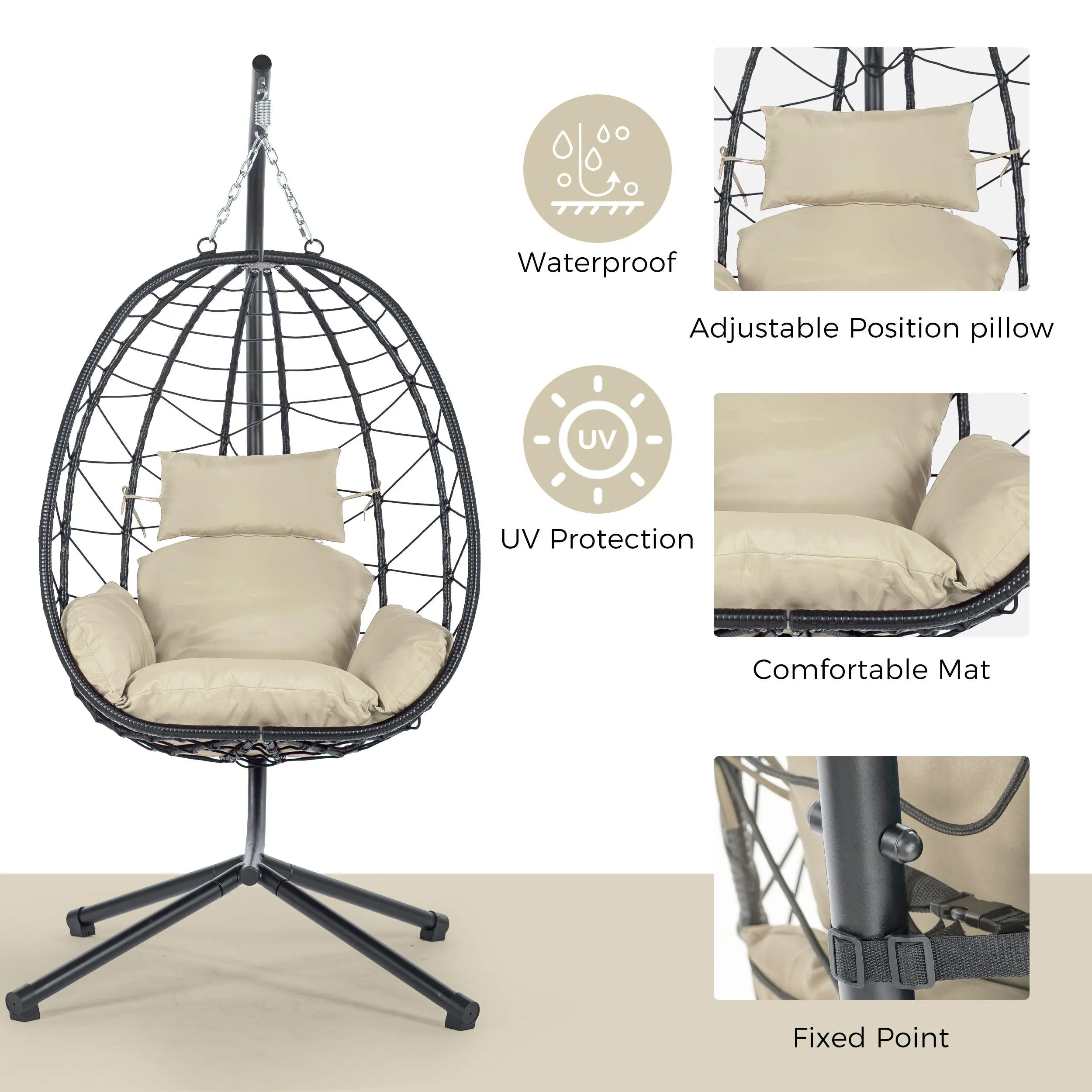 Egg Chair with Stand, Wicker Hanging Basket Hammock for Indoor/Outdoor Use