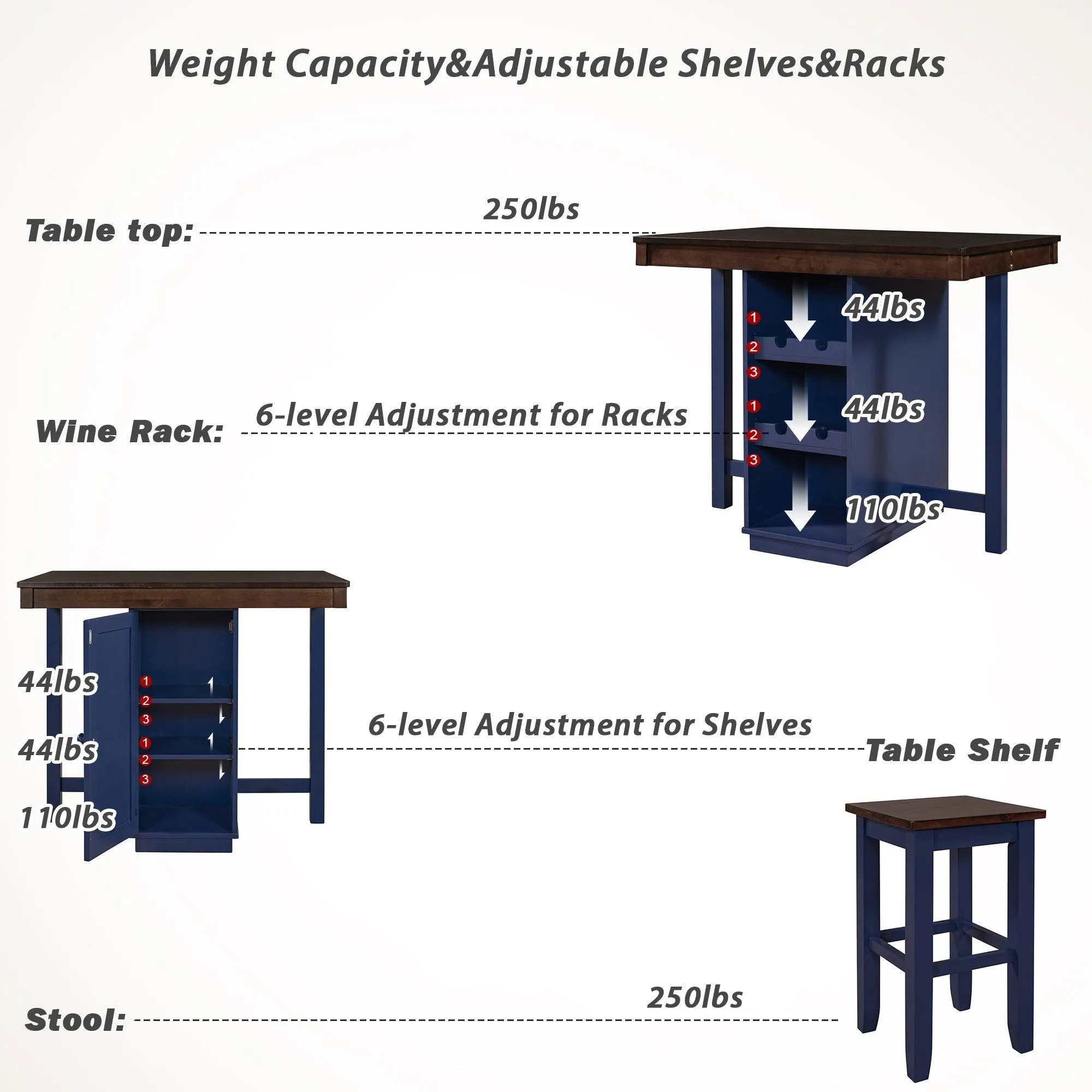 Farmhouse Counter Height Dining Table, Square Wood Table with 3-Tier Adjustable Storage Shelves and Wine Racks for Small Spaces, Brown and Blue