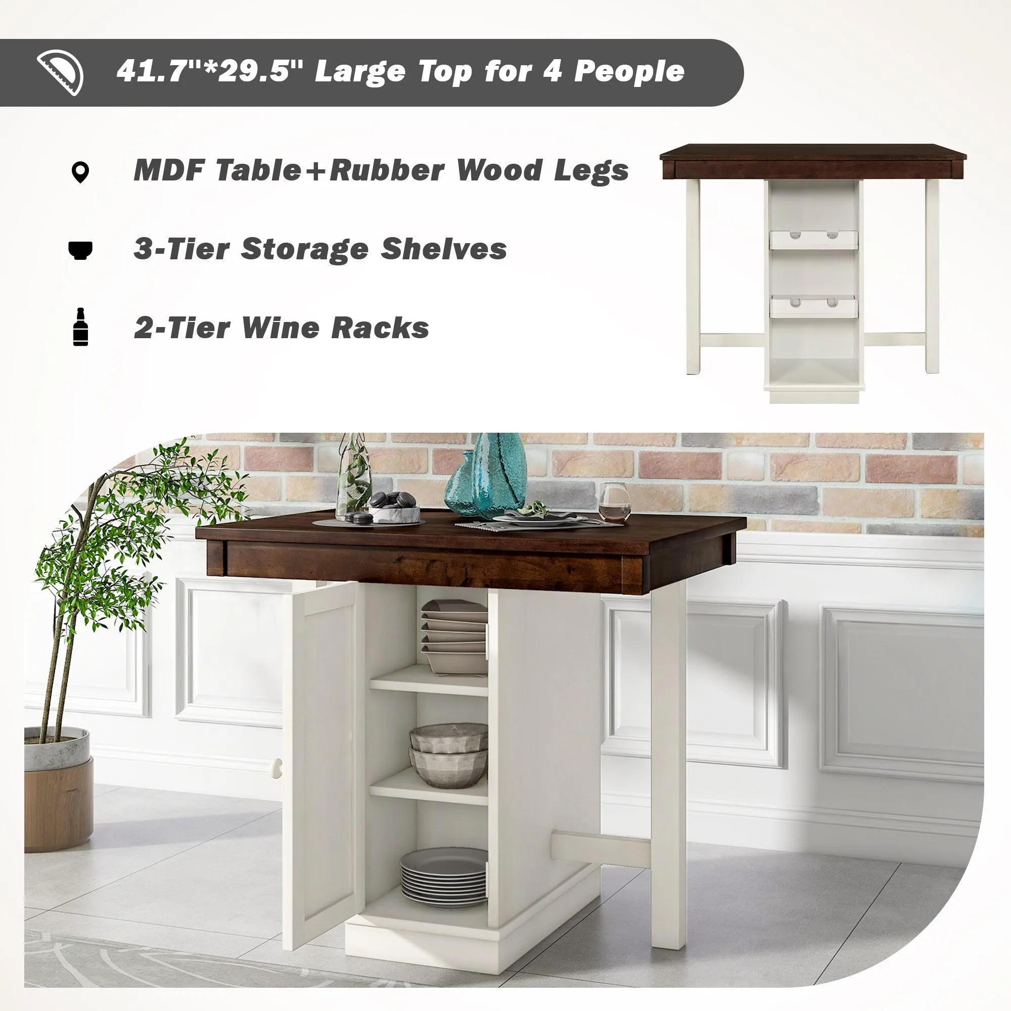 Farmhouse Counter Height Dining Table, Square Wood Table with 3-Tier Adjustable Storage Shelves and Wine Racks for Small Spaces,  White