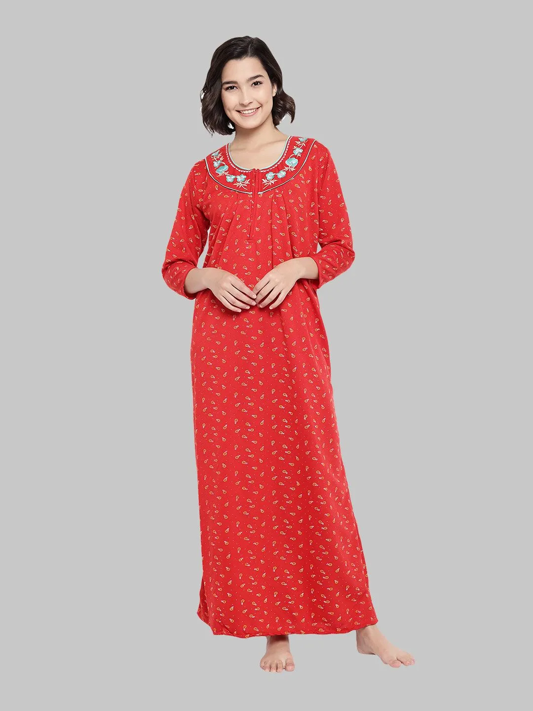 Floral Woolen Nighty - Red & Golden