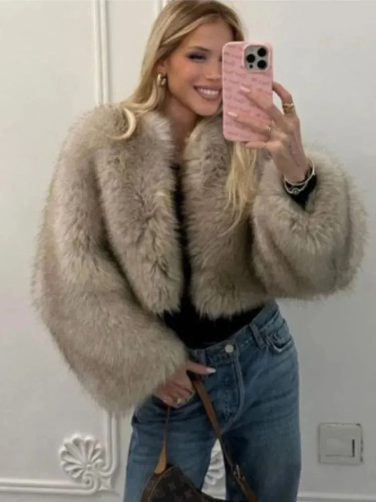 Getadme Fashion Thicken Short Faux Fur Jacket For Women Chic V Neck Long Sleeved Plush Cardigan Winter Female Elegant Warm Coat