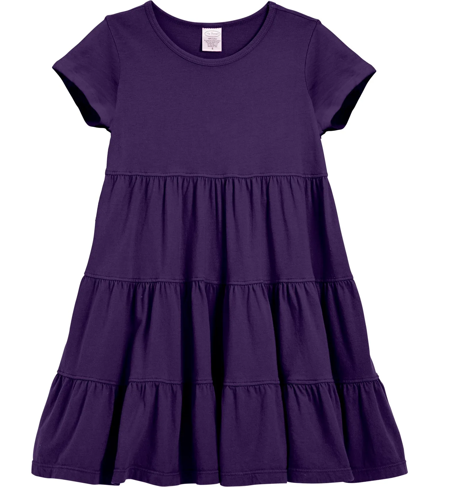 Girls Soft Cotton Jersey Short Sleeve Tiered Dress | Purple