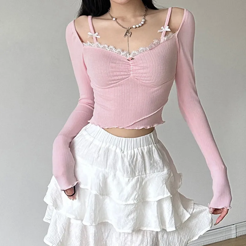 Girly Lace Lace Bow Patchwork Square Neck Long Sleeve Top