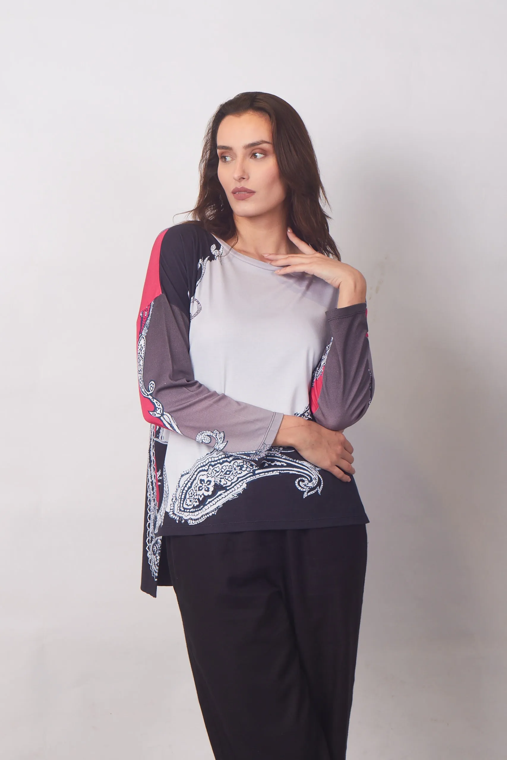 Grayscale & Pink Paisley Top